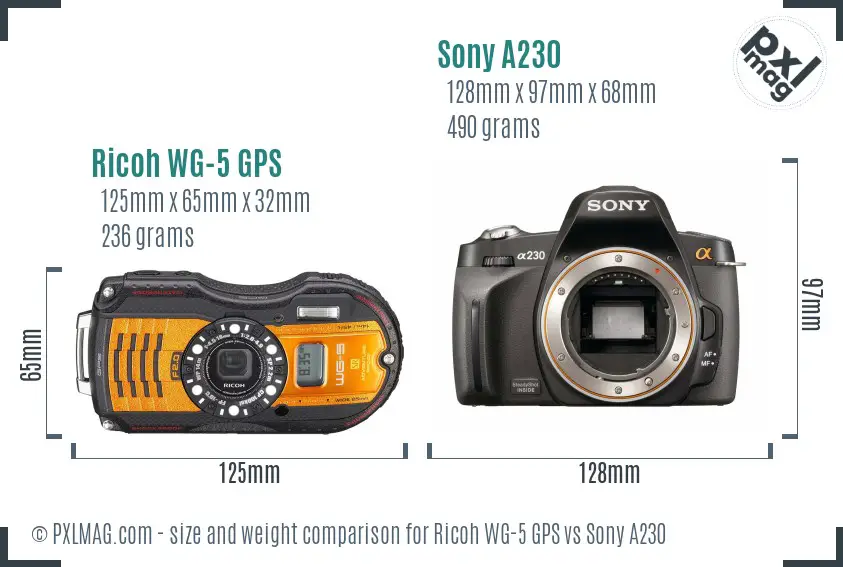 Ricoh WG-5 GPS vs Sony A230 size comparison