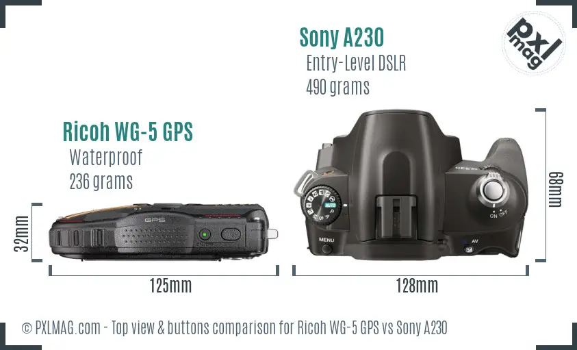 Ricoh WG-5 GPS vs Sony A230 top view buttons comparison