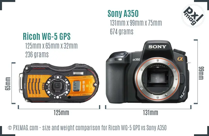 Ricoh WG-5 GPS vs Sony A350 size comparison Ricoh WG-5 GPS vs Sony A350 size comparison