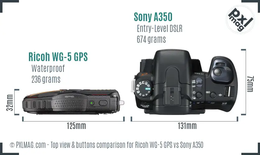 Ricoh WG-5 GPS vs Sony A350 top view buttons comparison Ricoh WG-5 GPS vs Sony A350 top view buttons comparison