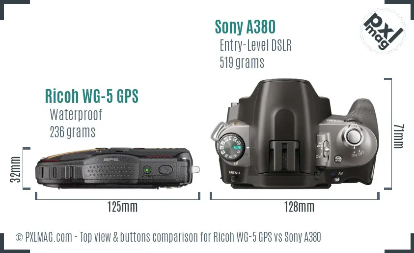 Ricoh WG-5 GPS vs Sony A380 top view buttons comparison