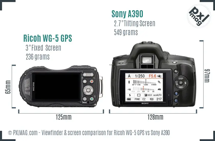 Ricoh WG-5 GPS vs Sony A390 Screen and Viewfinder comparison