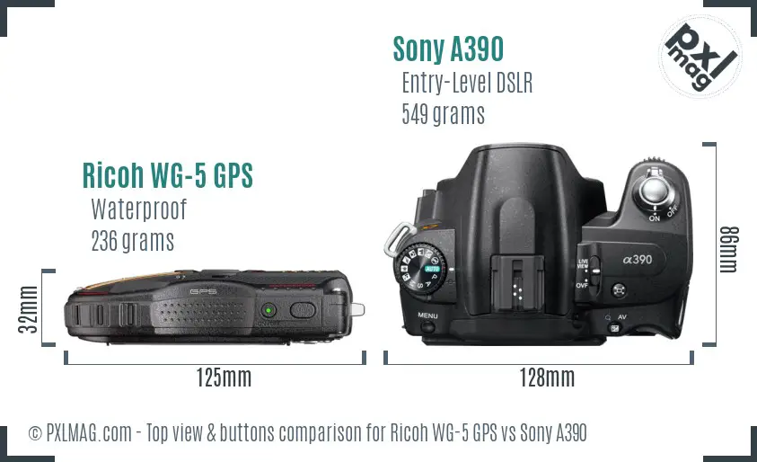Ricoh WG-5 GPS vs Sony A390 top view buttons comparison