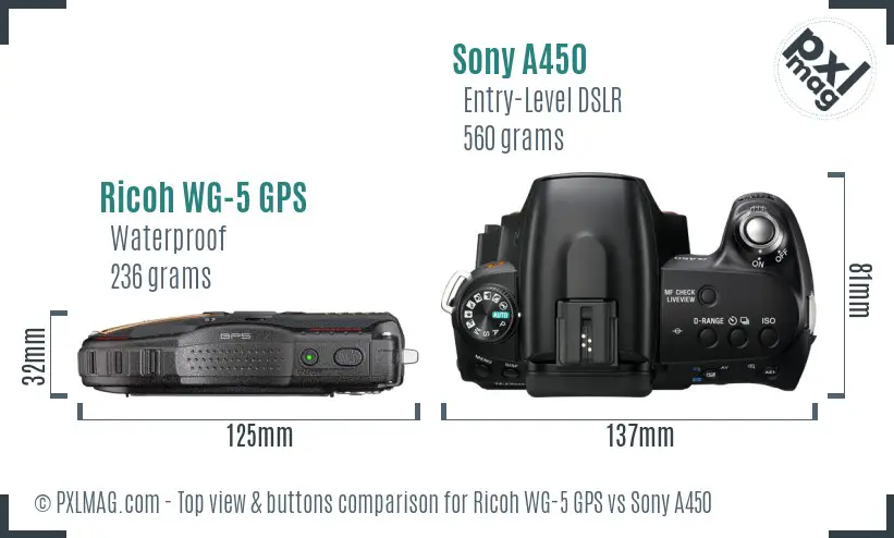 Ricoh WG-5 GPS vs Sony A450 top view buttons comparison