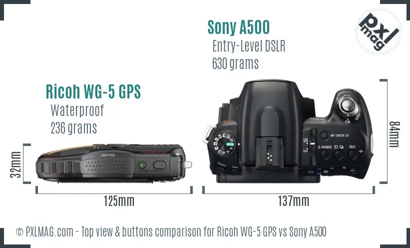 Ricoh WG-5 GPS vs Sony A500 top view buttons comparison