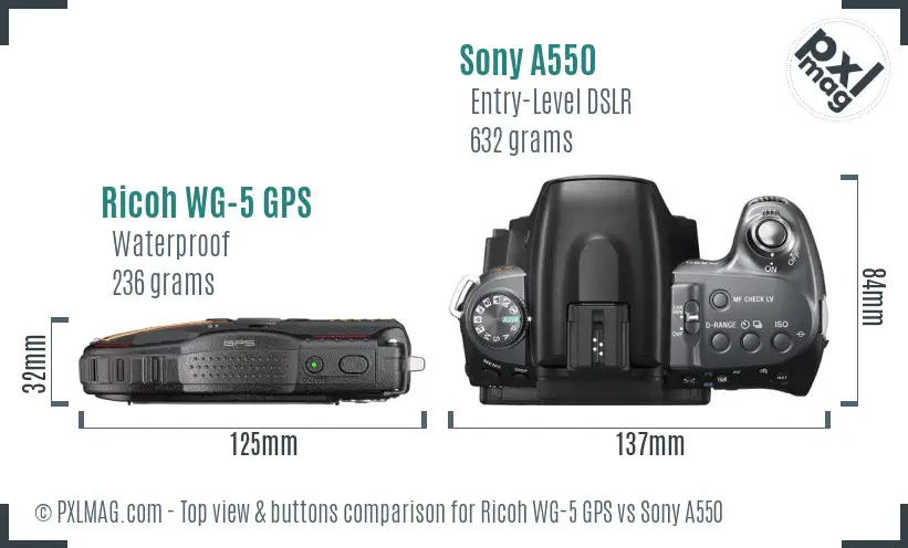 Ricoh WG-5 GPS vs Sony A550 top view buttons comparison