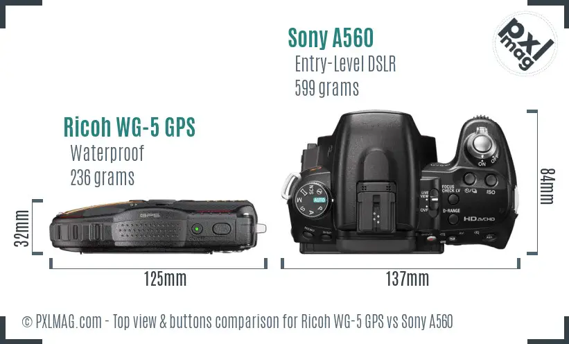 Ricoh WG-5 GPS vs Sony A560 top view buttons comparison