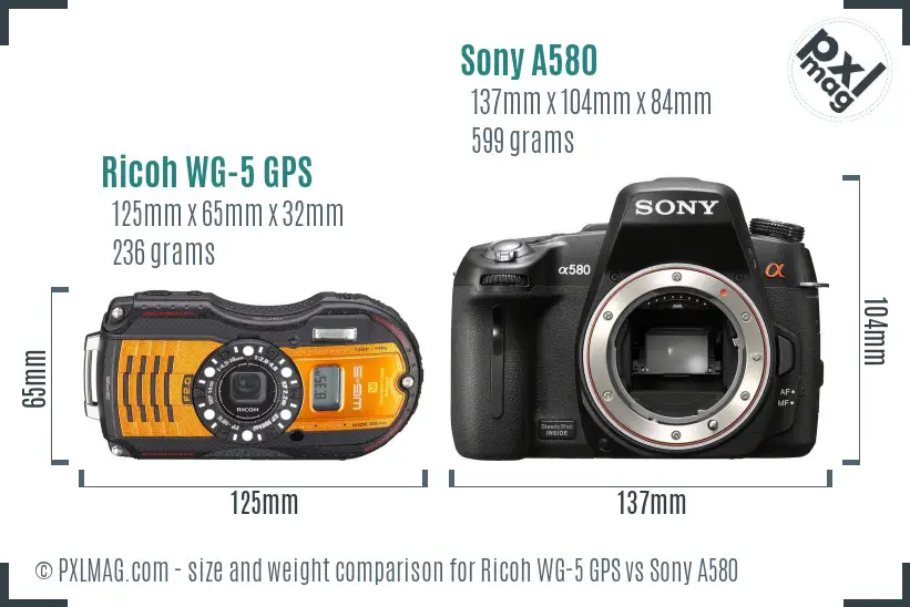 Ricoh WG-5 GPS vs Sony A580 size comparison