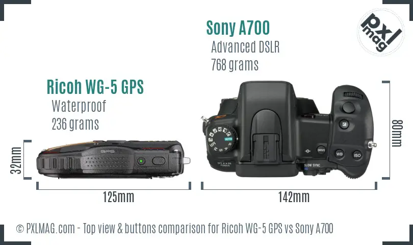 Ricoh WG-5 GPS vs Sony A700 top view buttons comparison