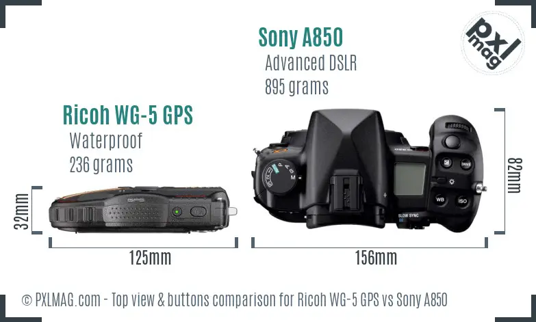 Ricoh WG-5 GPS vs Sony A850 top view buttons comparison
