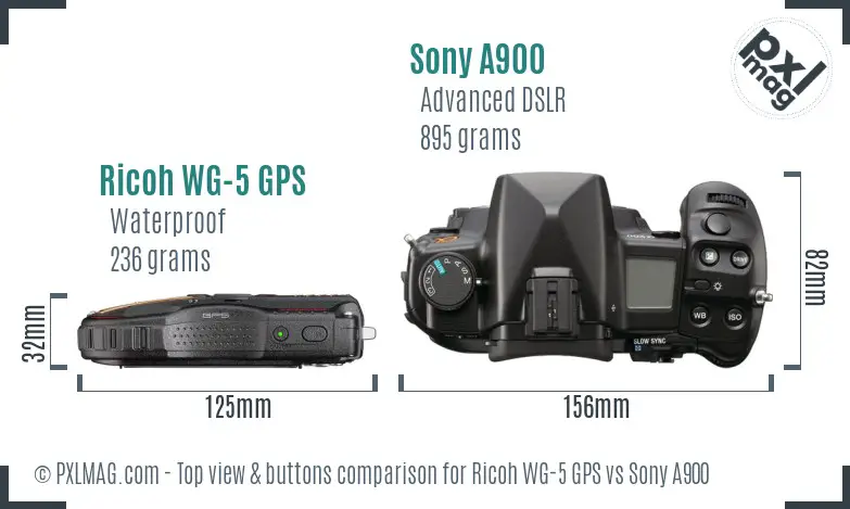 Ricoh WG-5 GPS vs Sony A900 top view buttons comparison