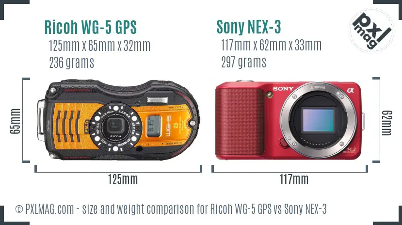 Ricoh WG-5 GPS vs Sony NEX-3 size comparison