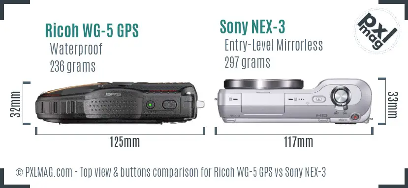 Ricoh WG-5 GPS vs Sony NEX-3 top view buttons comparison