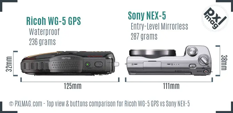 Ricoh WG-5 GPS vs Sony NEX-5 top view buttons comparison