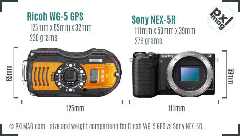 Ricoh WG-5 GPS vs Sony NEX-5R size comparison