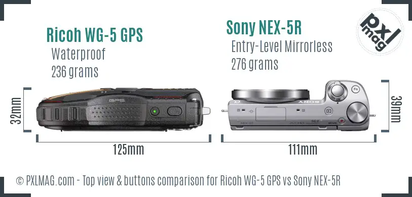Ricoh WG-5 GPS vs Sony NEX-5R top view buttons comparison