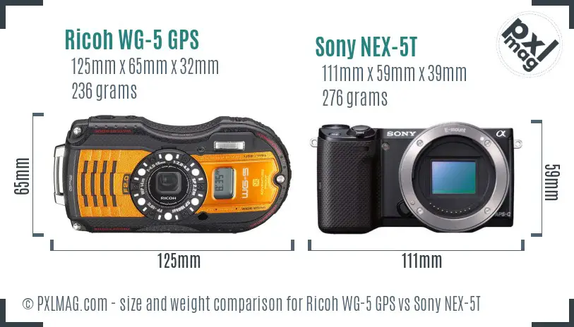 Ricoh WG-5 GPS vs Sony NEX-5T size comparison