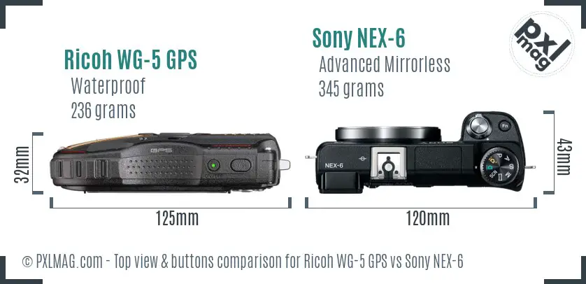 Ricoh WG-5 GPS vs Sony NEX-6 top view buttons comparison