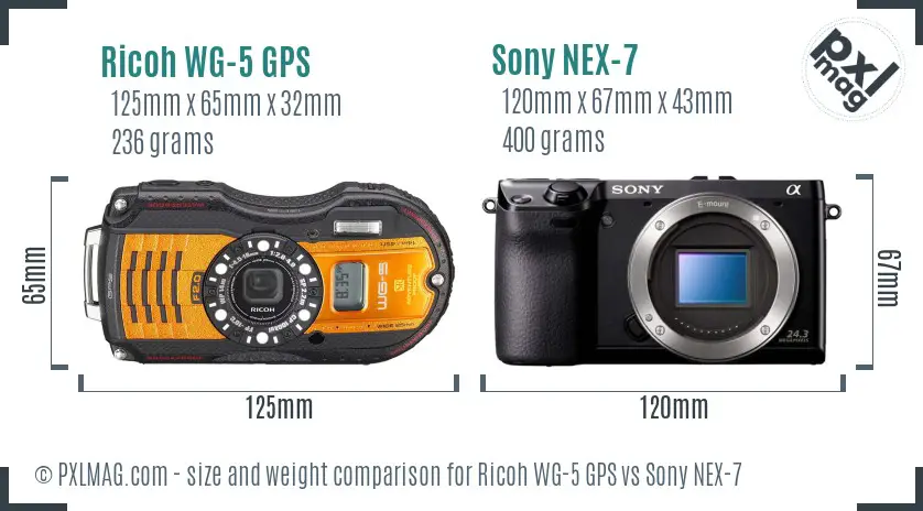 Ricoh WG-5 GPS vs Sony NEX-7 size comparison