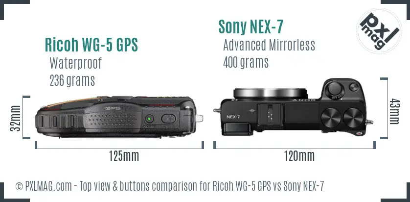 Ricoh WG-5 GPS vs Sony NEX-7 top view buttons comparison