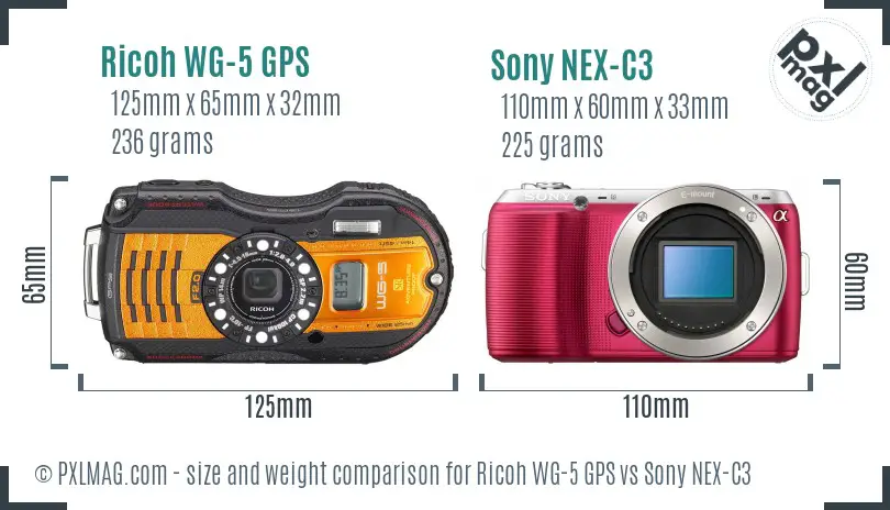 Ricoh WG-5 GPS vs Sony NEX-C3 size comparison