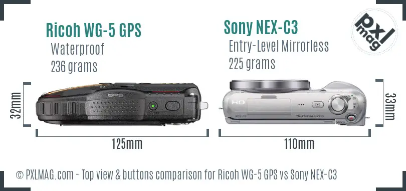 Ricoh WG-5 GPS vs Sony NEX-C3 top view buttons comparison