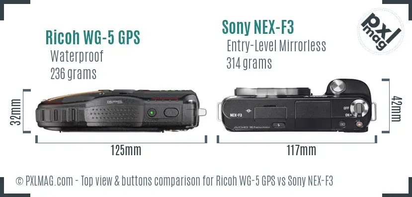 Ricoh WG-5 GPS vs Sony NEX-F3 top view buttons comparison