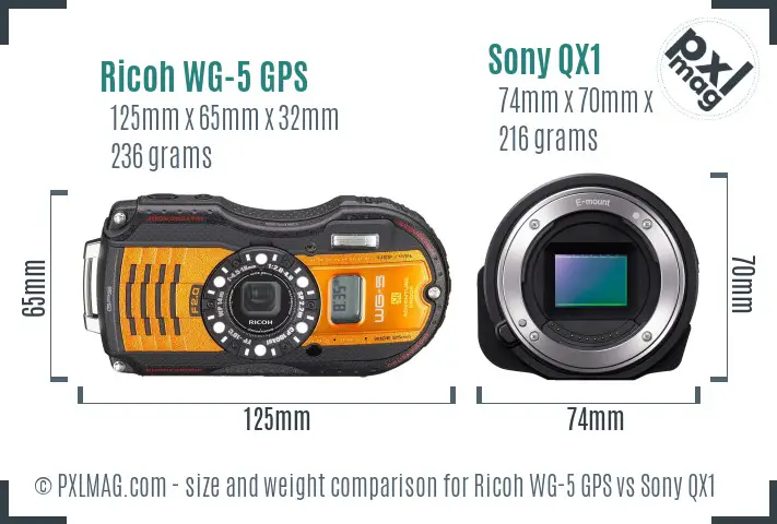 Ricoh WG-5 GPS vs Sony QX1 size comparison Ricoh WG-5 GPS vs Sony QX1 size comparison