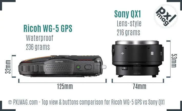 Ricoh WG-5 GPS vs Sony QX1 top view buttons comparison Ricoh WG-5 GPS vs Sony QX1 top view buttons comparison