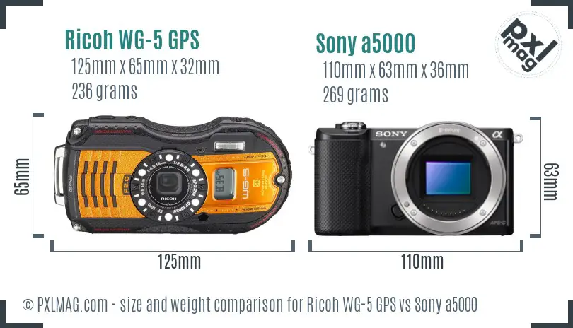 Ricoh WG-5 GPS vs Sony a5000 size comparison