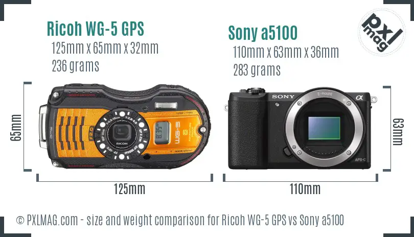 Ricoh WG-5 GPS vs Sony a5100 size comparison