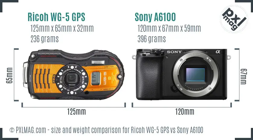 Ricoh WG-5 GPS vs Sony A6100 size comparison
