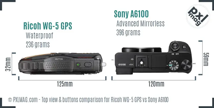 Ricoh WG-5 GPS vs Sony A6100 top view buttons comparison