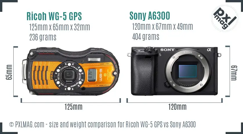 Ricoh WG-5 GPS vs Sony A6300 size comparison