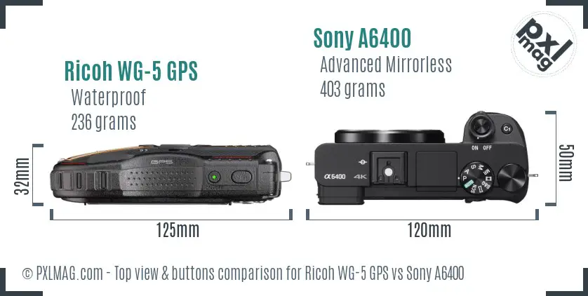 Ricoh WG-5 GPS vs Sony A6400 top view buttons comparison