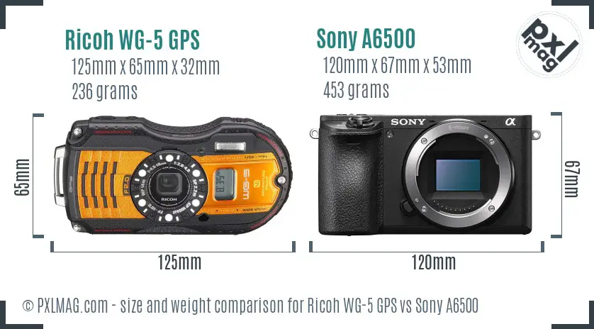 Ricoh WG-5 GPS vs Sony A6500 size comparison Ricoh WG-5 GPS vs Sony A6500 size comparison