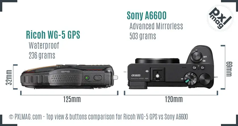 Ricoh WG-5 GPS vs Sony A6600 top view buttons comparison