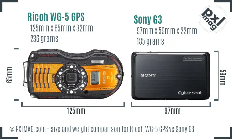 Ricoh WG-5 GPS vs Sony G3 size comparison