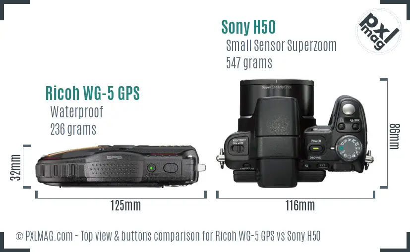 Ricoh WG-5 GPS vs Sony H50 top view buttons comparison