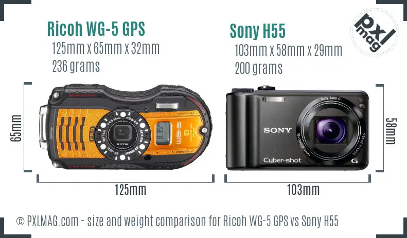 Ricoh WG-5 GPS vs Sony H55 size comparison