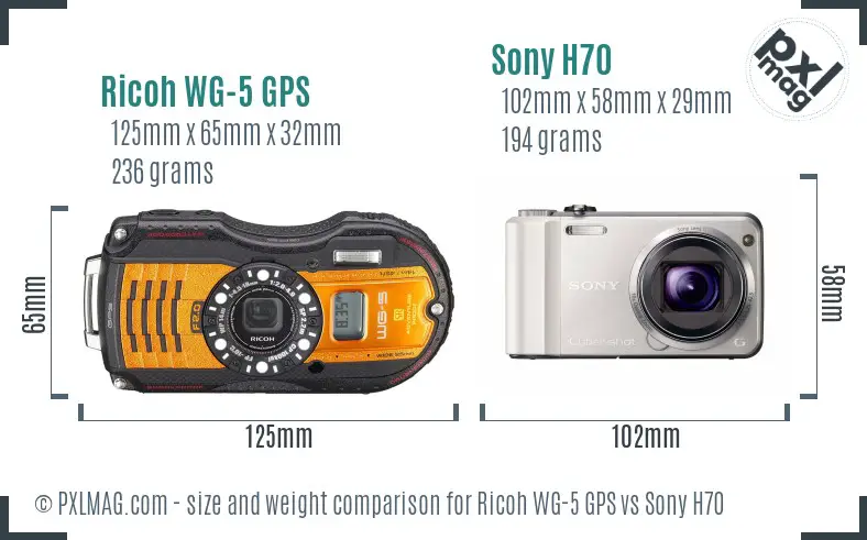 Ricoh WG-5 GPS vs Sony H70 size comparison