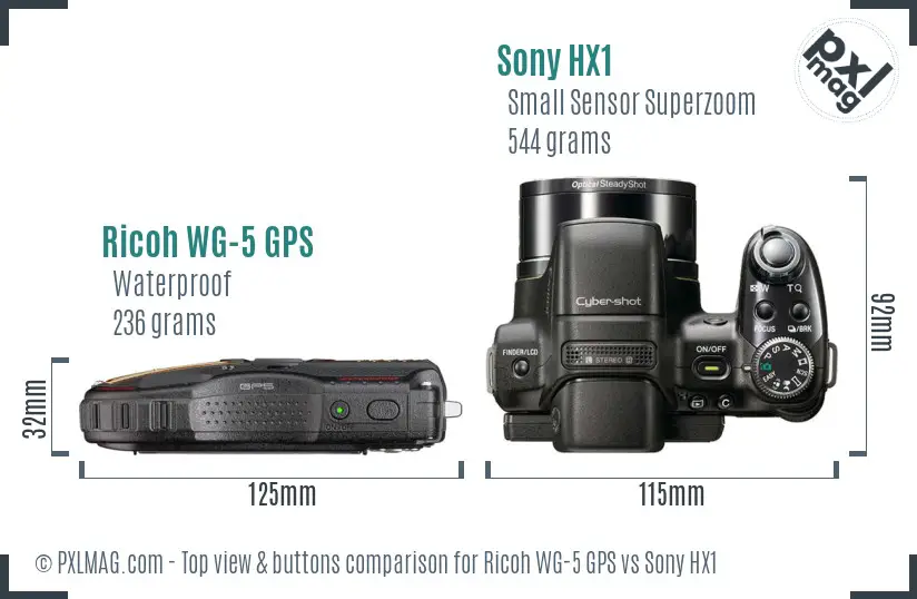 Ricoh WG-5 GPS vs Sony HX1 top view buttons comparison