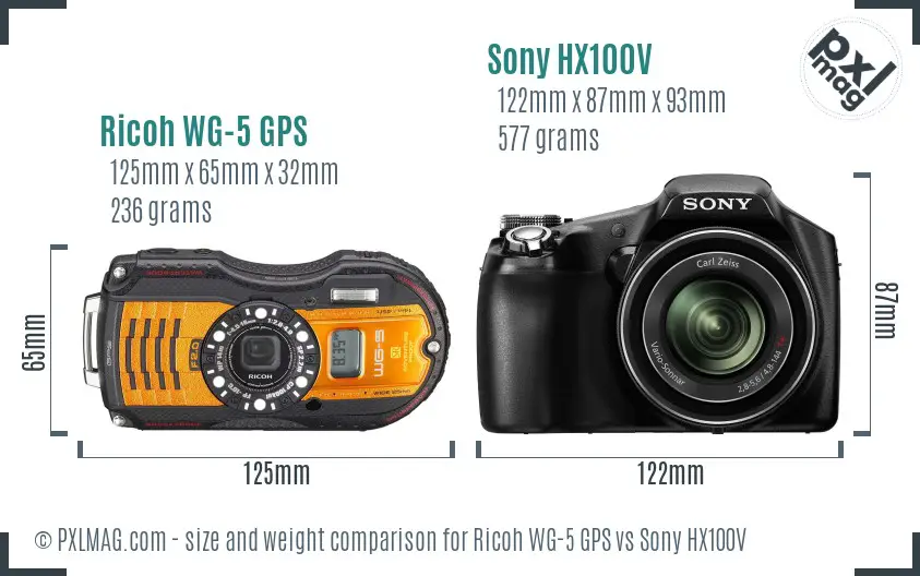 Ricoh WG-5 GPS vs Sony HX100V size comparison