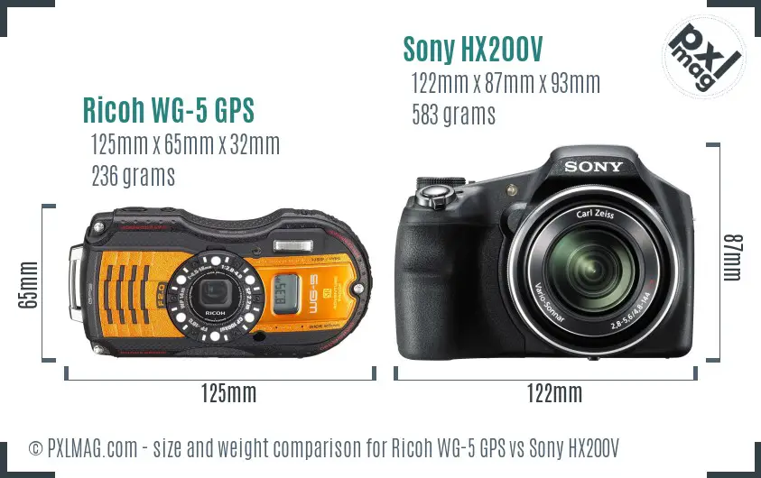 Ricoh WG-5 GPS vs Sony HX200V size comparison