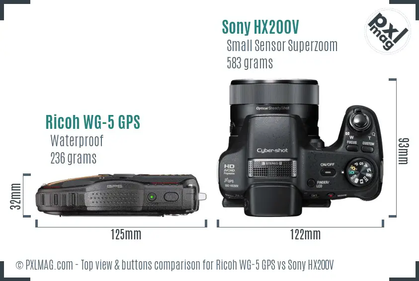 Ricoh WG-5 GPS vs Sony HX200V top view buttons comparison