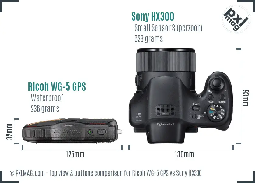 Ricoh WG-5 GPS vs Sony HX300 top view buttons comparison