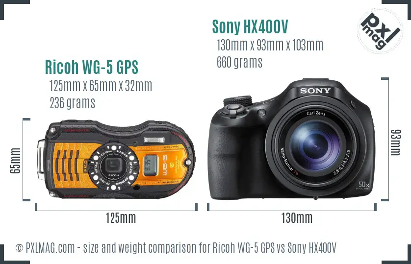 Ricoh WG-5 GPS vs Sony HX400V size comparison