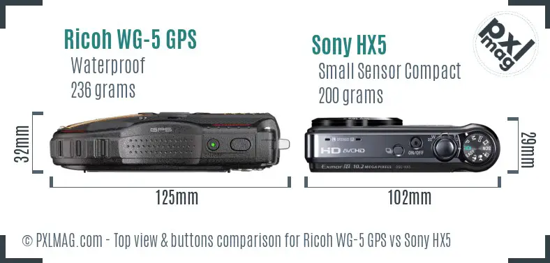 Ricoh WG-5 GPS vs Sony HX5 top view buttons comparison