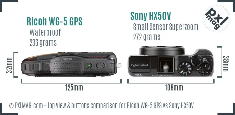 Ricoh WG-5 GPS vs Sony HX50V top view buttons comparison