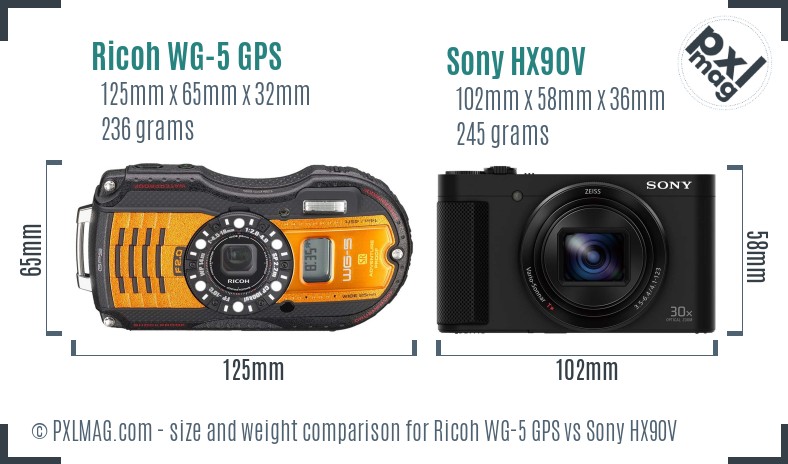 Ricoh WG-5 GPS vs Sony HX90V size comparison